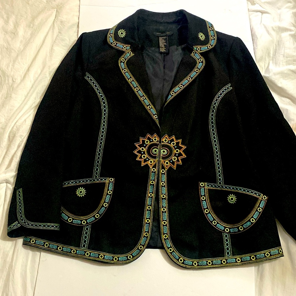 Anne Carson Black Blazer with Sage, Turquoise, Yellow & Orange trim
